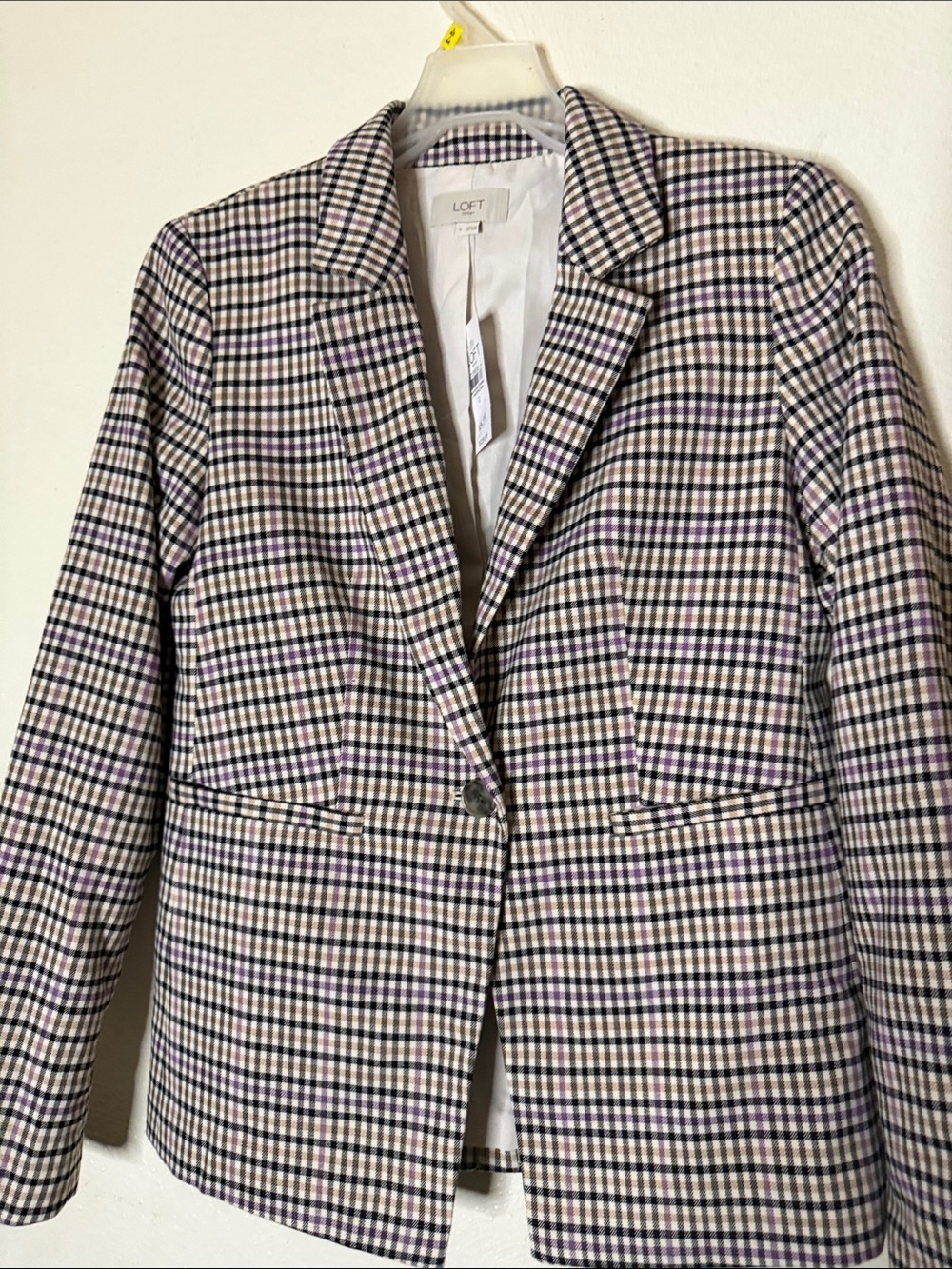 LOFT Plaid Single-Button Blazer in Cream, Black & Purple